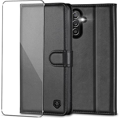 Handyhülle für Samsung Galaxy A54 5G Hülle mit Panzerglas Schutzfolie Premium PU Leder Klapphülle Case Brieftasche Kartenfach Ständer Magnet Handytasche Cover Schutzhülle - Schwarz