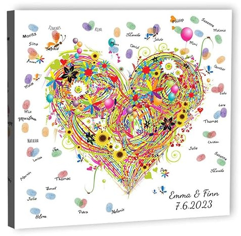 galleryy.net Fingerabdruck-Leinwand Hochzeit Leinwand 60x60 cm - Individuell mit Namen & Datum - INKL. Zubehör-set mit Stempelkissen, Stift und Hochzeitsbuch - Motiv - Wildes Herz
