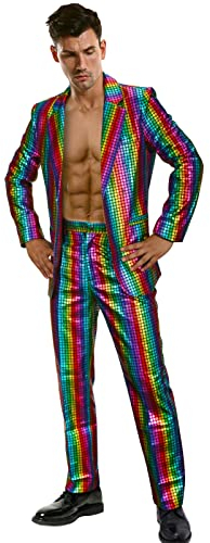Funhoo Herren Disco Party Kostüm Metallic 2-teilig Jacke Hosen 70er Jahre Langarm Glänzende Pailletten Anzug für Halloween Cosplay Karneval Vintage Outfit (XL)
