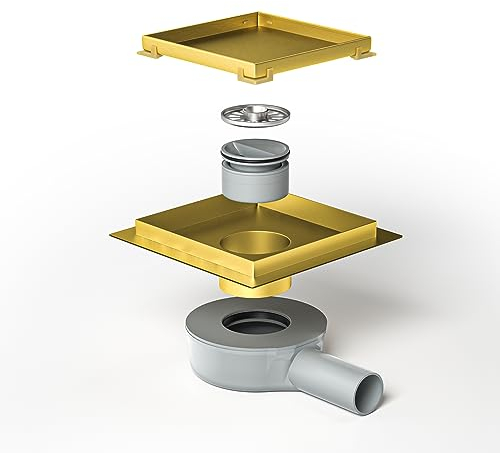 Bernkot Caniveau de douche carré 15 x 15 cm, siphon à 360° avec système anti-odeurs et tamis à cheveux 2 en 1 - En acier inoxydable - Très plat - DN50 DN40 - Doré