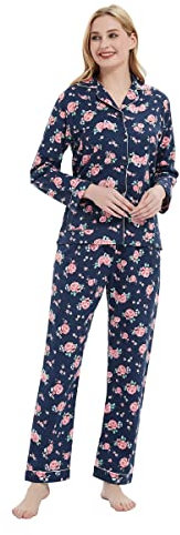 GLOBAL Femme Pyjama Flanelle Manches Long |Ensembles de Pyjama Coton |Chemises de Nuit Bouton | Chaleureux Vêtements de Nuit Confortable Bleu, Rose L