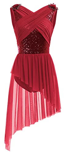 Lyrische Tanzkost�me Frauen Moderne Contemporary Tanz Kost�me Damen Ballettanzug �rmellos Tanzkleid Ballettkleid Pailletten T�llkleid Asymmetrische Gymnastik Leotard Kleid Ballett Trikot Dunkelrot L