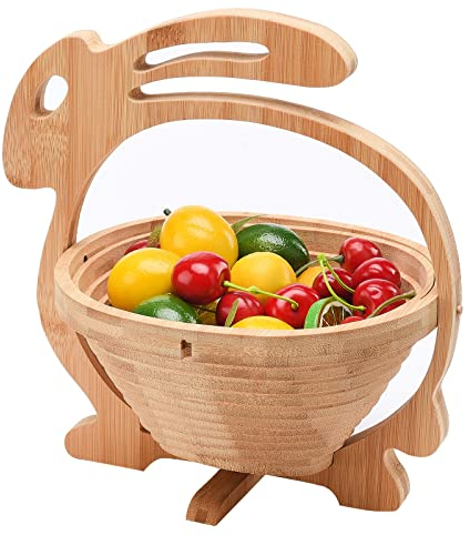 BEIJIALY Wooden Fruit Basket, Dried Fruit Gift Basket, Foldable Fruit Basket Collapsible Wodden Fruit and Veggie Basket, Collapsible Bread Holder Fruit Bowl Holder for Kitchen(Rabbit)