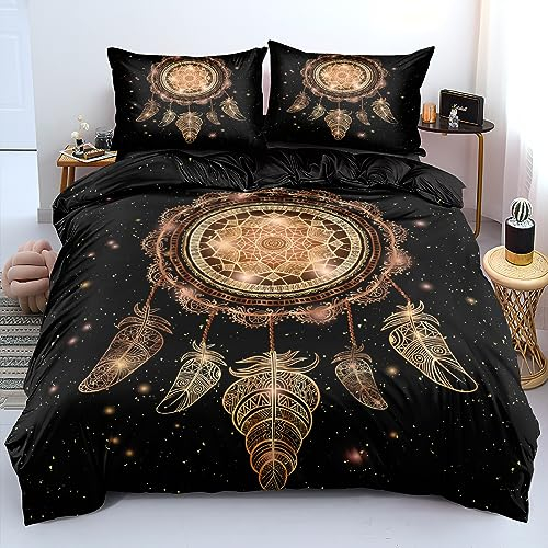 YUTNSAN Bettwäsche 135x200cm Traumfänger Gold Federn Muster Mädchenbettwäsche Kinderbettwäsche Set 2 Teilig Mikrofaser Schwarz Boho Bettbezug mit Reißverschluss und Kissenbezug 80x80cm