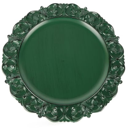 Gifturbo 6 Stück grüne Platzteller, 33 cm, runde Ladegeräte für Essteller mit geprägtem Vintage-Rand, antike Kunststoffteller-Ladegeräte für Weihnachtsfeier, Tischdekoration, Hochzeit