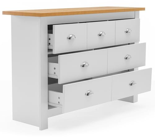 Chest of Drawers Bedroom 4+3 Drawer MDF Chest of Draws with Stainless Steel Cup Handle Bedside Table Cabinet Storage for Living Room, Hallway, Furniture, White/Oak 35D x 111.5W x 81H cm