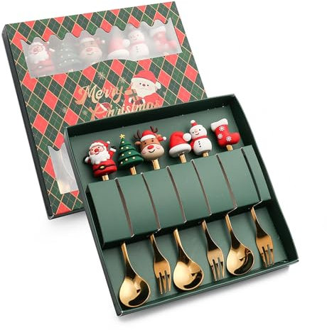 FRUHLING 6 Stück Weihnachtslöffel Gabeln Set Edelstahl Weihnachtskaffeelöffel Weihnachtsgabeln Dessertlöffel Teelöffel Rührlöffel Weihnachtsbesteck mit Geschenkbox 3 Löffel 3 Gabeln (Gold)