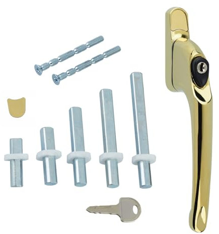 FixRello Maniglia universale per finestra in uPVC, con serratura, ambidestra, multi-mandrino, oro (1 pezzo)