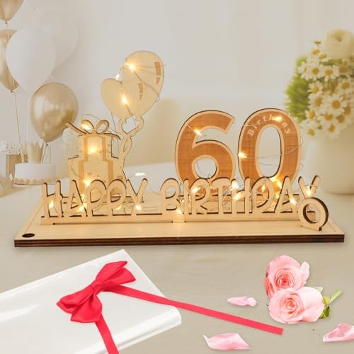 Seutgjie Original 60th Birthday Gifts 60th Birthday Decorations for Women Men with LED Fairy Lights Bow Knot and Gift Paper for 60th Wedding Anniversary Table Decoration
