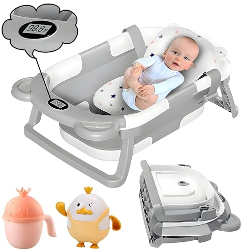 MATERCUBS Collapsible Baby Bath Tub with Thermometer - Baby Bath Support for Newborn Bath - Portable Bathtub with Drain Plug for Travel - Anti Slip Tub with Shower Jug and Toy 0-24 Months (Grey)