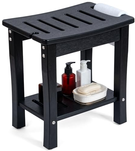 FLYJOE Duschbank für Innendusche, Rasierbeine, wasserdichter HDPE-Duschstuhl, Sitz mit Ablageablage und Griffen, Spa-Duschhocker für Badewanne, Badezimmer, Innen- und Außenbereich, Schwarz