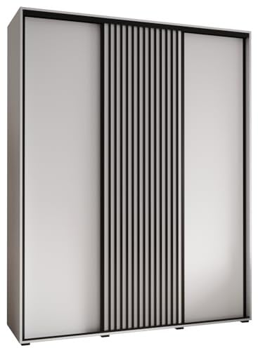 MEBLE KRYSPOL Lanko 1 Schrank mit DREI Schiebetüren mit Stange, Regale - Moderner Aufbewahrungsschrank für Schlafzimmer, Wohnzimmer - 235,2x190x45 cm - Weiß Weiß Schwarz