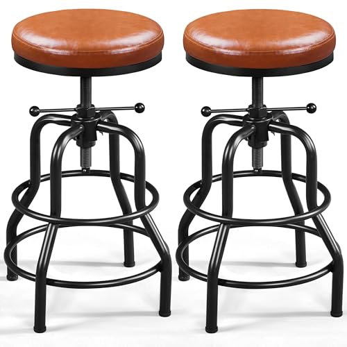 Yaheetech Industrial Height Adjustable Bar Stools Rustic Kitchen Barstool (54.5-71.5 cm) Chairs Round with Faux Leather Seat, Footrest, Stool for Kitchen Counter, Home Bar, Light Brown, 2PCS