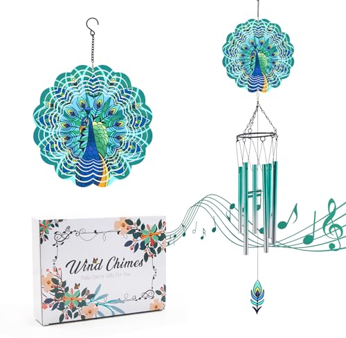 Windspiel mit Pfau Wind Spinner, Geschenke für Männer, Frauen, Ruhestand, Lehrer, Eltern - Outdoor Hanging Decor Clearance für Garten, Terrasse, Hinterhof oder Veranda