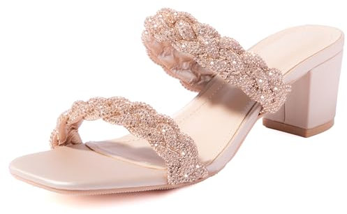 N.N.G Women Heels Sandals Braided Block Nude Summer Chunky Square Leather Woven Comfort Strappy Dress Casual Pumps Mules, Rose Gold/Bling, 5 UK