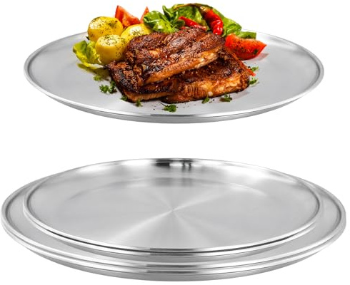 CHUIFAI Juego de 5 bandejas redondas de acero inoxidable para pizza, 26 cm y 30 cm, redondas, aptas para lavavajillas, para pizza, color plateado, para servir horno y hornear