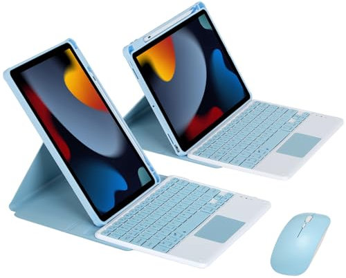 ZKAIAI Custodia Verticale per iPad Pro 10.5 2017/Air 3a Gen 2019 con Portamatite, Formato Verticale/Orizzontale, Cover Case Rotante con QWERTY Tastiera Touchpad Magnetica e Mouse Ricaricabile, Blu