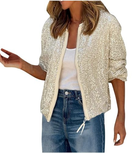 Sequin Jacket For Women Uk Sparkly Sequin Bomber Jacket Coat Long Sleeve Front Zip Up Jacket Ladies Glitter Tops Biker Shiny Clubbing Party Club Jacket Metallic Festival Outfit Going Out Clearance