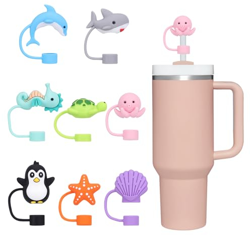 GADITIEK Lot de 8 Couvercles de Paille Pour Tasse Stanley, 10 mm, Anti-poussière, en Silicone, Embouts de Paille Réutilisables pour Accessoires de Gobelet Stanley Cup (8 PCS animaux marins)