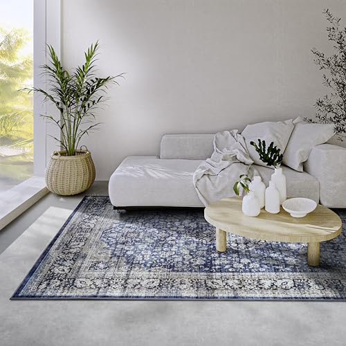 Freundin Home Collection Aurora Teppich – Klassischer Orient Vintage Kurzflor Teppich - Orientalischer Wohnzimmerteppich für Schlafzimmer, Esszimmer, Wohnzimmer – Dunkelblau Creme, 160x230cm
