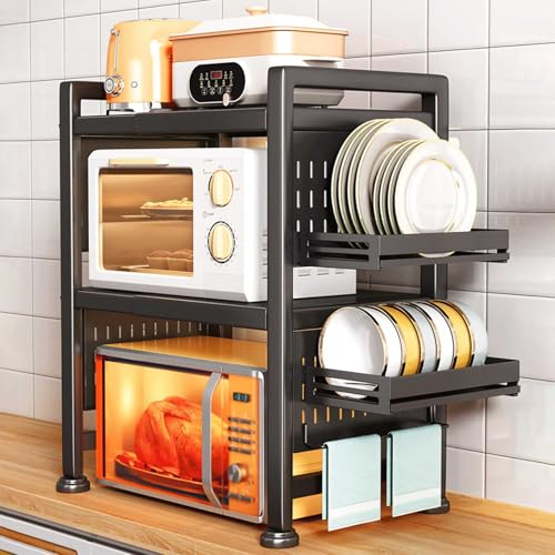 YIMBFCA Estante Extensible para Microondas de 3 Niveles, Soporte Extensible para Horno de Microondas con 6 Ganchos, Estantes para Panadería para Microondas para Encimera, Extensible de 40-65 cm
