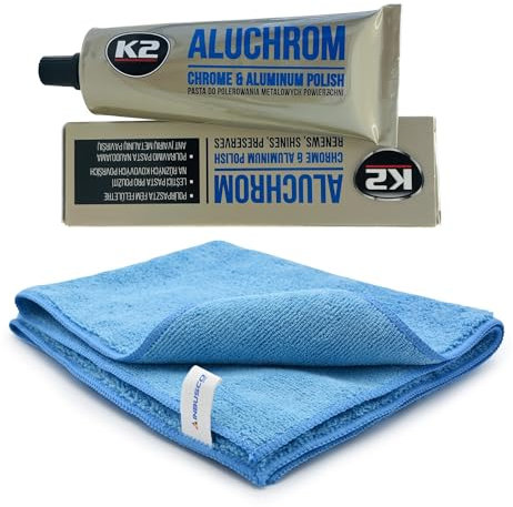 INION 1x Mikrofaser Tuch + K2 ALUCHROM K003 Pflegepaste zum Reinigen und Polieren von verschiedene Metalloberflächen z.B. Felgen Zierleisten Sattelstütze Türklinken Badarmaturen usw.