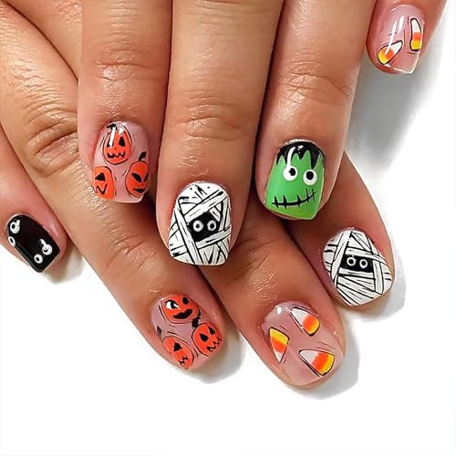 Halloween Fake Nails - 24PCS Gothic Press on Nails - Short Square False Nails with Glue - Black White Green Stick on Nails - Cute Pumpkin Mummy Nail Art Acrylic Nail Tips for Women