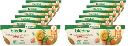 Blédina - Bols - Repas midi bébé - Mouliné de Haricots Verts, Veau & thym - Dès 8 mois - Sans sel ajouté - 12x200g (Lot de 2)
