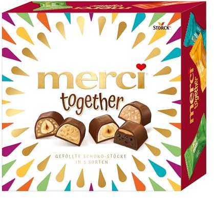merci together – 10 x 175g – Mischung von gefüllten Edel-Vollmilchschokoladen-Pralinen