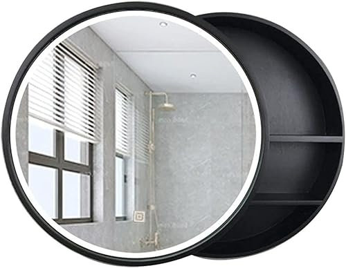 LED-beleuchteter Wandspiegel mit Aufbewahrungsschrank, moderner Badezimmerspiegel aus Holz für Schlafzimmer, runder Make-up-Spiegel