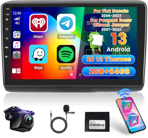 Hikity 2+64GB Autoradio para Fiat Ducato 2006-2023 Peugeot Boxer Citroen Jumper Wireless Carplay Android Auto, 9 Pulgadas Pantalla Táctil Estéreo Bluetooth con WiFi GPS EQ FM/RDS SWC Cámara Trasera