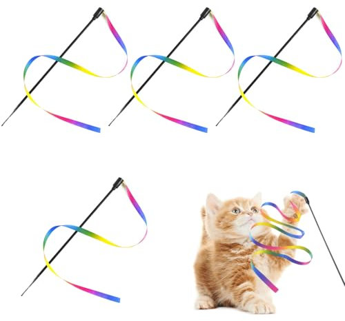 Kzouenzu Lot De 4 Jouets pour Chat, Jouets pour Chat avec Baguette Interactive, Ruban Arc en Ciel De 60 Cm, Jouet De Dressage pour Chat - Accessoire Interactif pour Intérieur
