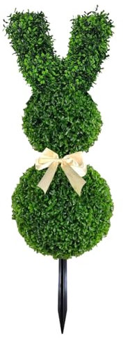 Künstlicher Buchsbaum Hase Gartenstecker, 70 cm, Grün mit Schleife, Osterdekoration für Draußen Drinnen, Gartendekoration, Ostern Deko (Green-1, One Size)