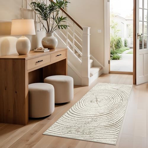 GENIMO Waschbarer Teppich, Baumringe Muster Modern Kurzflor rutschfest für Wohnzimmer, Schlafzimmer, Esszimmer, Skandinavischer Stil Carpet, Natur Elfenbein, 80x150CM