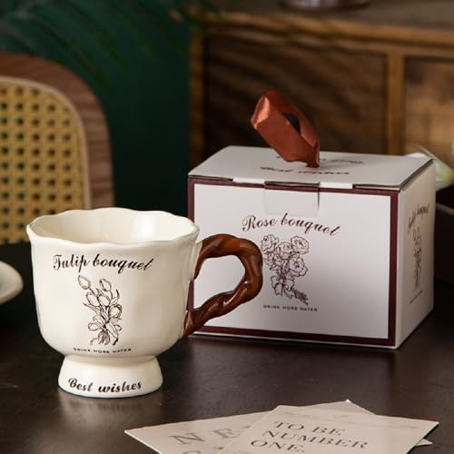MAGICVOGEL 400ml Kaffeebecher Porzellan Kaffeetasse Blumenmuster Kakaobecher Müslibecher Teetasse Trinkbecher mit Henkel Geschenk für Mädchen Frauen Freundin Oma (Tulpen)