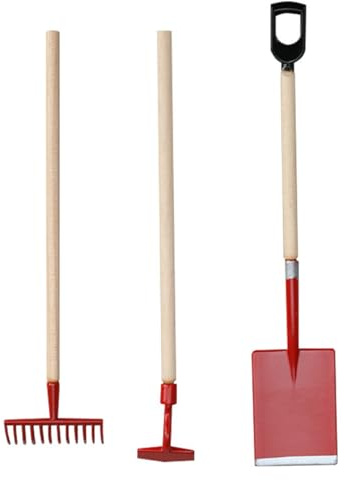 Nicear 3 Pcs 1/12 Scale Dolls House Garden Tools Miniature Shovel Rake and Hoe Dollhouse Accessories Red