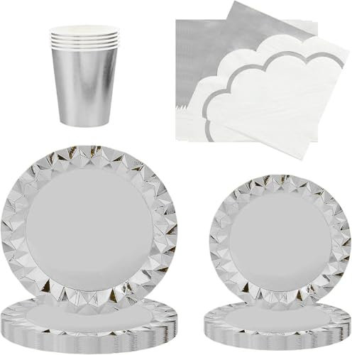 ZENZERO® – Set Coordinato per Festa “Diamond” con Bordi 3D – Stoviglie in Carta Monouso – Colori Metallizzati Lucidi - 72 Pezzi - 24 Bicchieri, 20 Tovaglioli, 12 Piatti, 16 Piattini - (Argento)
