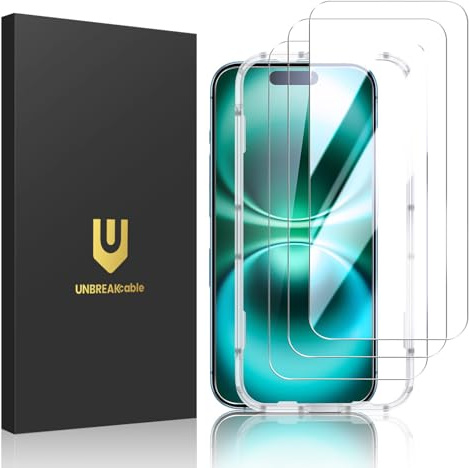 UNBREAKcable Displayschutzfolie für iPhone 16 Plus, doppelt bruchsicheres gehärtetes Glas, einfache Installation, 9H Härte, 99,99% HD-Klarheit, hüllenfreundlich, für iPhone 6,7 Zoll, 3 Stück