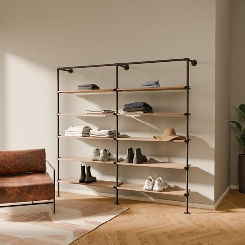 pamo Regal im Industrial Design mit Eichbretter – Traglast 290 kg | Begehbarer Kleiderschrank Kleiderständer aus stabilen Wasserrohren zur Wandmontage