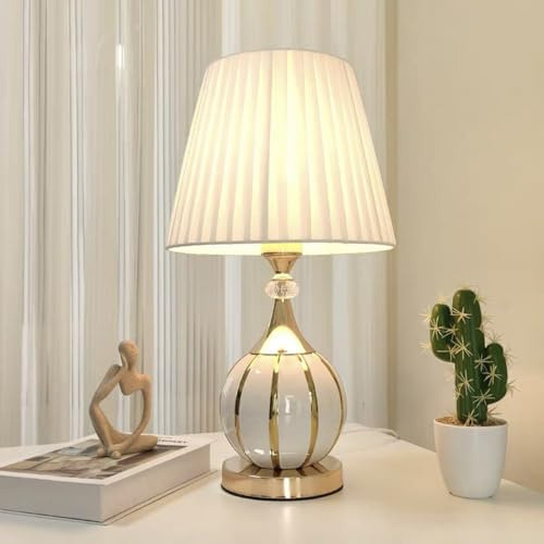 Mengjay Tischlampe mit Stoffschirm, Kabelschalter, Keramikfuß, Nachttischlampe, Tischleuchte, Dekolampe Flur, Bürolampe, Leselampe, Wohnzimmer, Schlafzimmer (A)