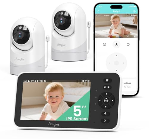 Simyke Baby Monitor with Camera and Night Vision, 5 IPS Screen Baby Monitor with 4000mAh Battery,VOX Mode, 2-Way Talk, Temperature Sensor, Multi-User in App, Range Up to 1500ft, 2 Pack