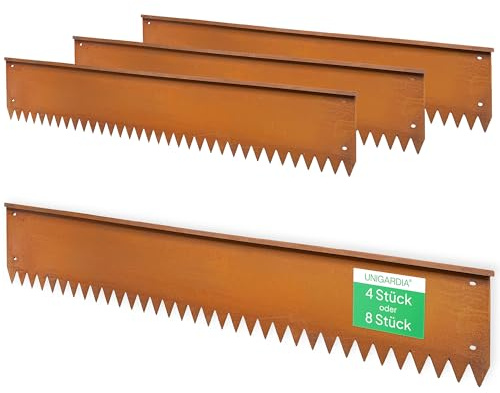 UNIGARDIA Rasenkante aus Cortenstahl, 8 m (8 Stück) - 1 cm breiter Rand - Robuste Metall-Beetkante 20 cm hoch für Wege & Beete - vorgerostete Beetbegrenzung für gerade Linien