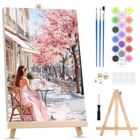 QENSPE Peinture par Numéros pour Adultes sur Toile Encadrée - avec Chevalet, Fille Paint by Numbers Kit, Rue Fleurs de Cerisier Peinture à l'huile Acrylique pour Décoration Murale Maison (20x30 cm)