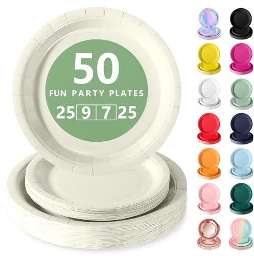 Nkaiso 50 Pcs Cream Disposable Party Paper Plates Set | Party Supplies- 25x9inch & 25x18inch Plate Elegant Disposable Tableware for Birthday, Wedding, Shower