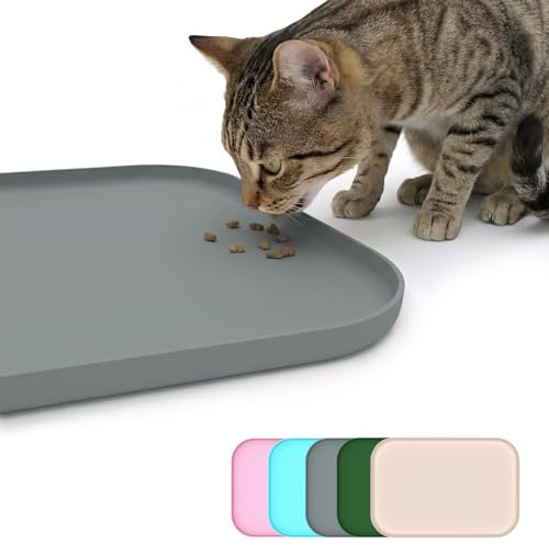 BLESWIN Non-Slip Silicone Dog Food Mat & Pet Feeding Mat - Waterproof Dog Bowl Mat for Messy Eaters, Easy Clean Floor Protector with Raised Edge（Grey，45 * 30cm）