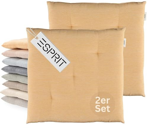 Esprit 2er Set Sitzkissen Stuhl 40x40cm Gelb - Bequeme Stuhlkissen für Esszimmer & Küche - waschbar bis 30°C - Öko-Tex - Sitzauflage für Gartenmöbel, Sitzpolster, Bank, Bürostuhl & Boden