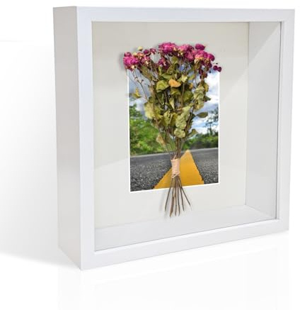 ALULU 3D Bilderrahmen zum Befüllen Tiefe 5 cm | Holz-Schattenbox 21,6x21,6x6,5 cm, für Fotos, Trockenblumen & DIY-Objekte, Wand- und Tischmontage (Weiß)