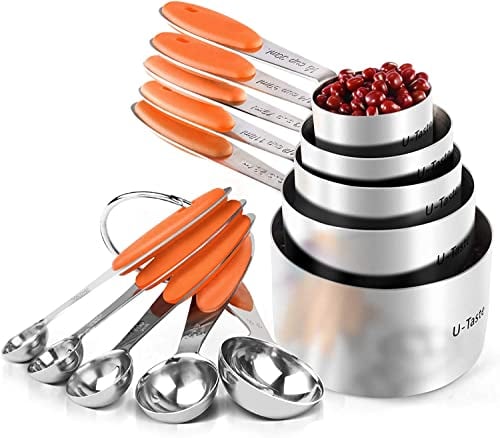 Cuillères et Tasses à Mesurer: U-Taste Ensemble de Tasses et Cueillere Dosseur en Acier Inoxydable 18/8, 10 Pièces Mesures Cuisine pour la Pâtisserie et la Cuisson, Poignée Épaissie (Orange)