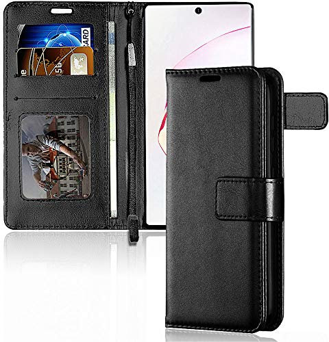 TECHGEAR Galaxy Note 10 Leather Wallet Case, Flip Protective Case Cover with Card Slots, Kickstand and Wrist Strap - Black PU Leather Designed For Samsung Galaxy Note 10, Note 10 5G