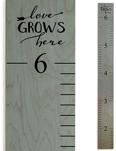 Headwaters Studio Wachstumstabelle für die Wand – Messlatte für Kinder, Messlatte aus Holz, Messlatte für Kinder, Messlatte für die Wand, Wandmessung für Höhe, Kinder, Love Grows Here, Grau, 160 x